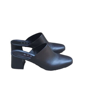 ASKA Gwynne Italian Black Genuine Leather Chunky Block Heels Slip On Mules Clogs